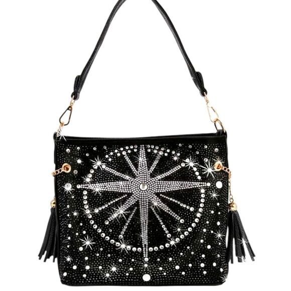 77. Stylish Rhinestone Bling Star Design Black Handbag Purse - Picture 1 of 6